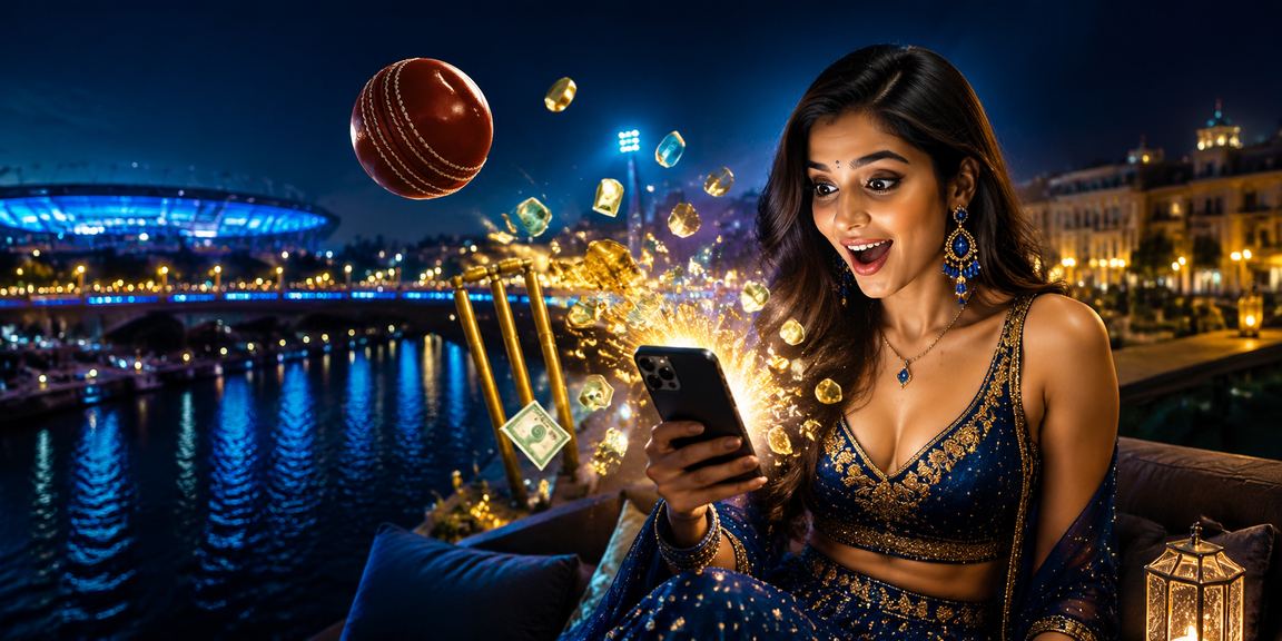 Sunset over riverfront with a player holding mobile for rummy gaming