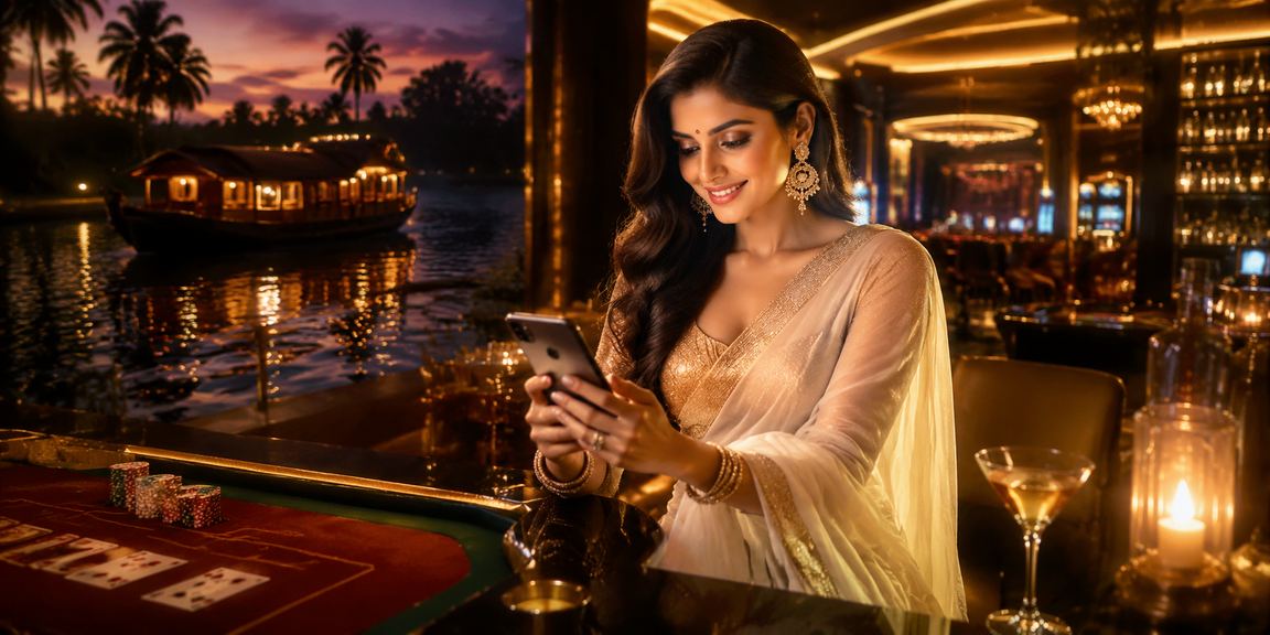 Indian woman playing Rummy by Kerala backwaters