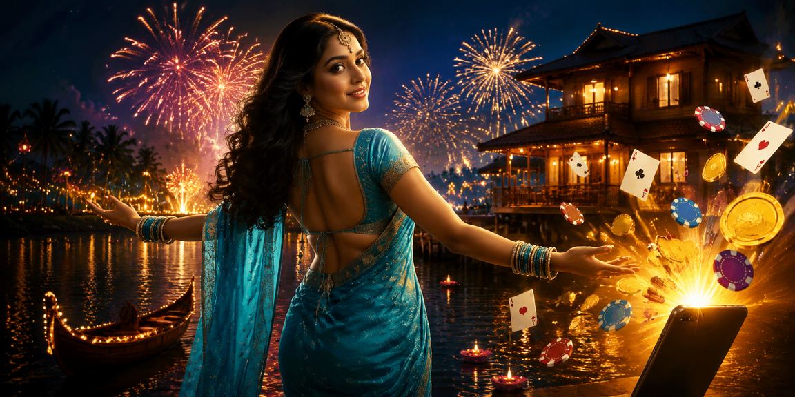Player enjoying online rummy game in Kerala in traditional attire